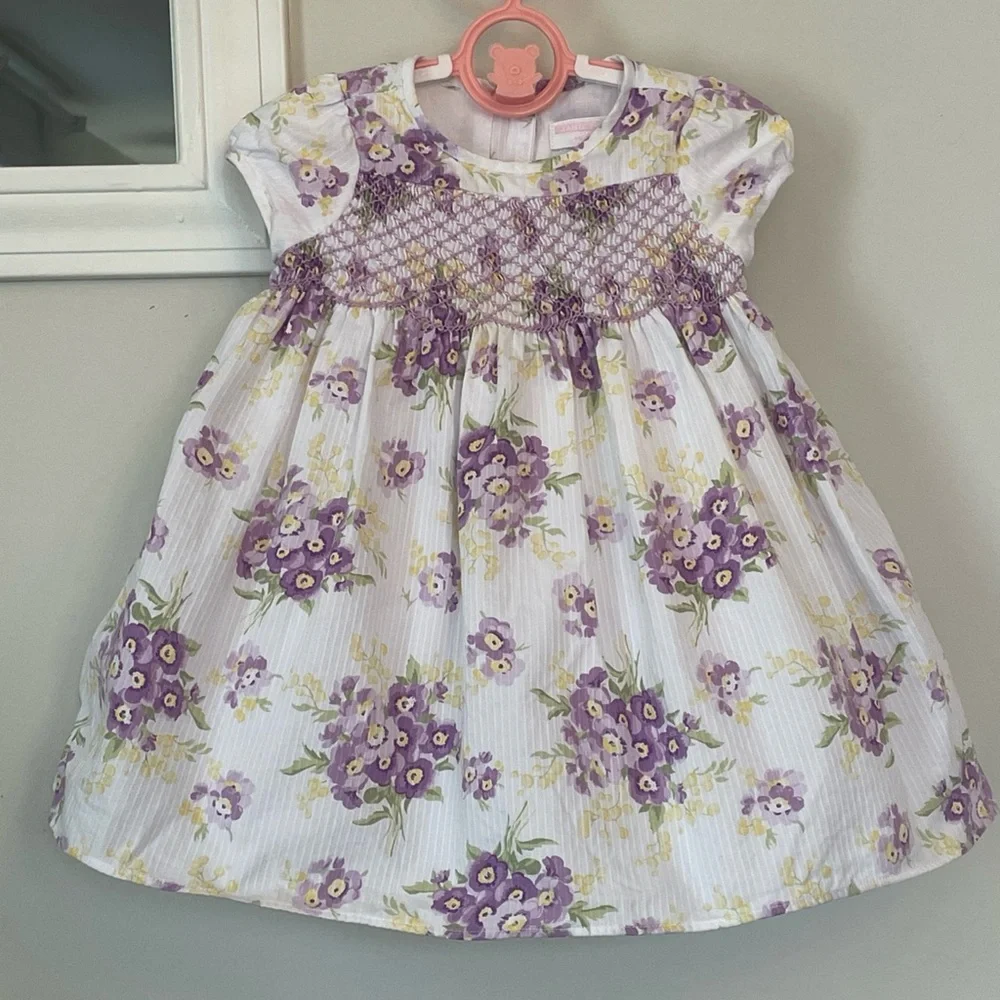 Janie & Jack Girls' 3-6 Month Pansy Hand Smocked Floral Dress Purple Yellow